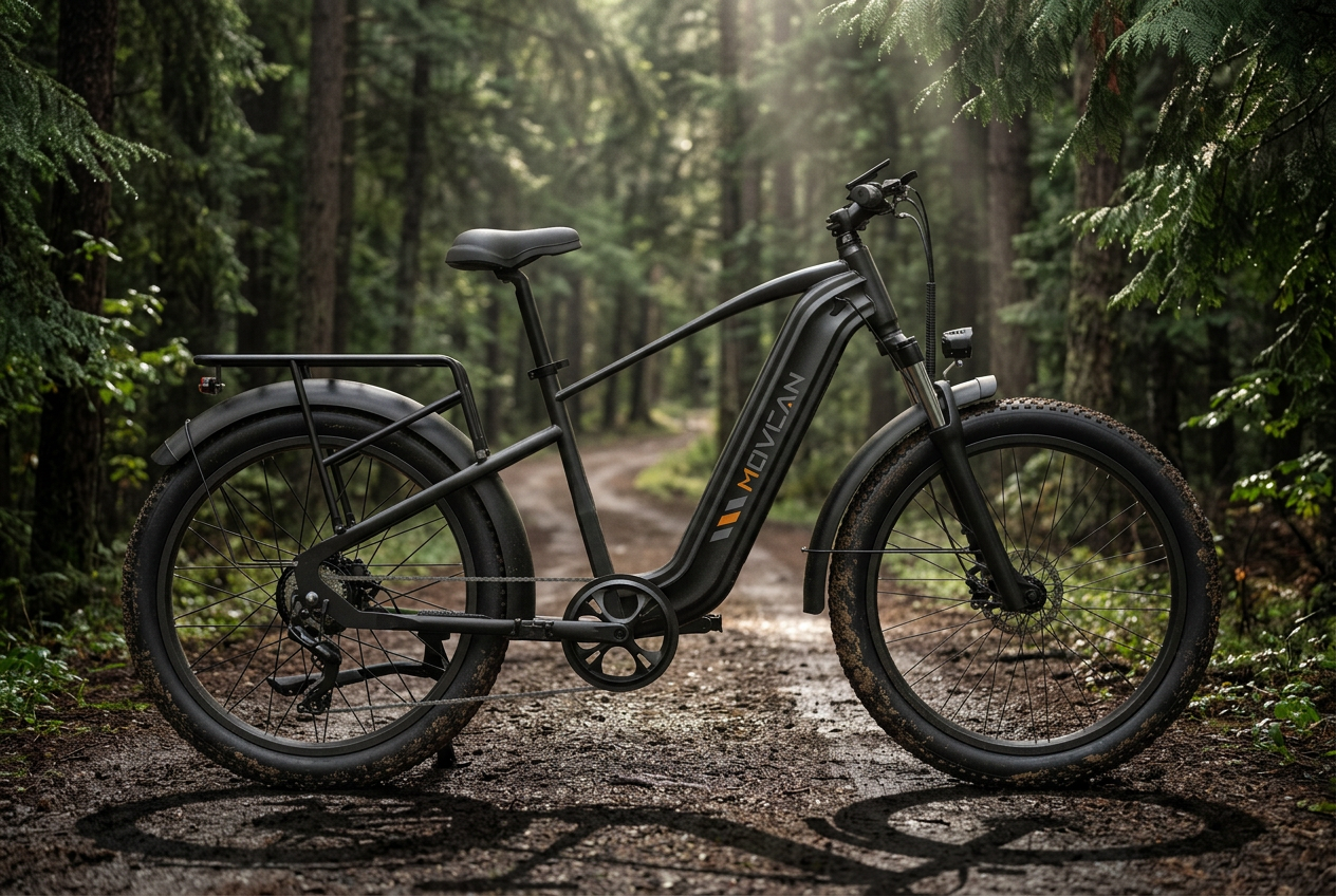 Movcan EB60 full-size fat-tire electric bike on a damp pine forest road