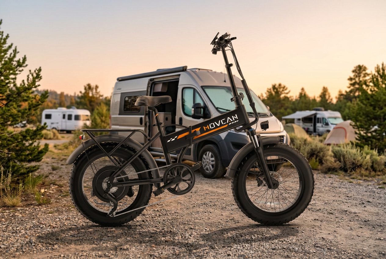 Movcan Q20 folding fat-tire electric bike beside a camper van at sunrise