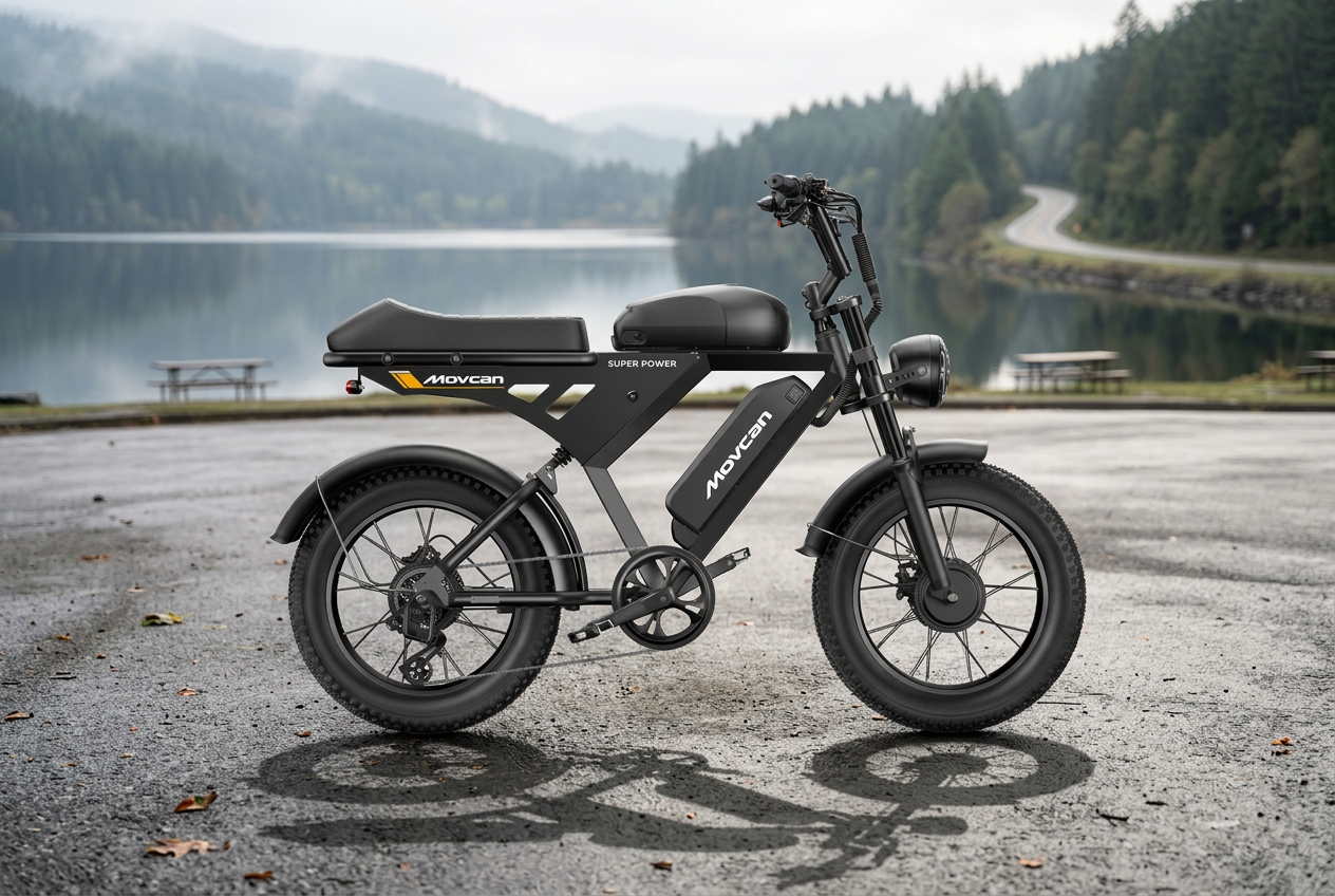 Movcan V30 Max dual-battery electric bike at a quiet lakeside touring stop