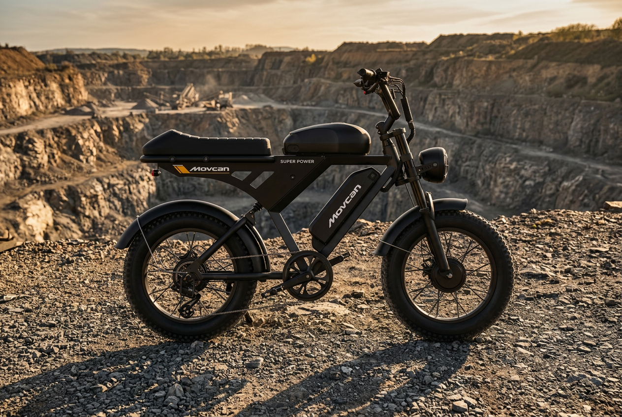Movcan V30 Pro Max dual-battery electric bike at a rugged quarry overlook