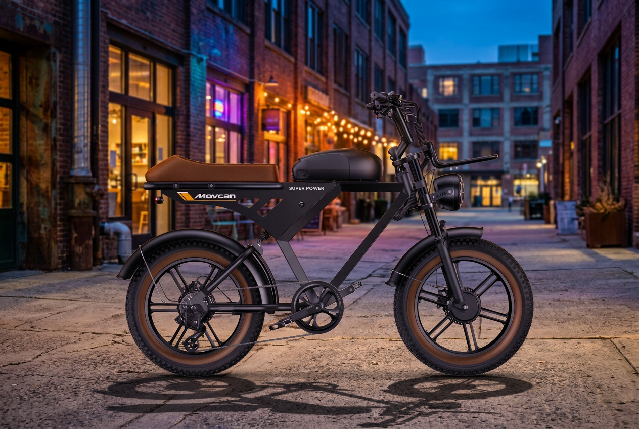 Movcan V30 moped-style electric bike in a converted warehouse district at dusk