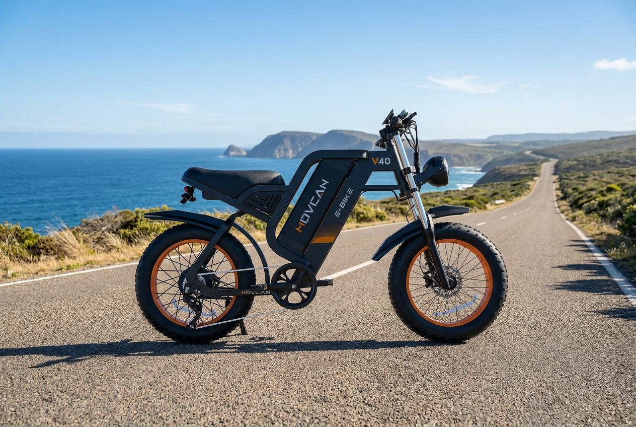 Movcan V40 long-range electric bike on a sunny coastal bluff road