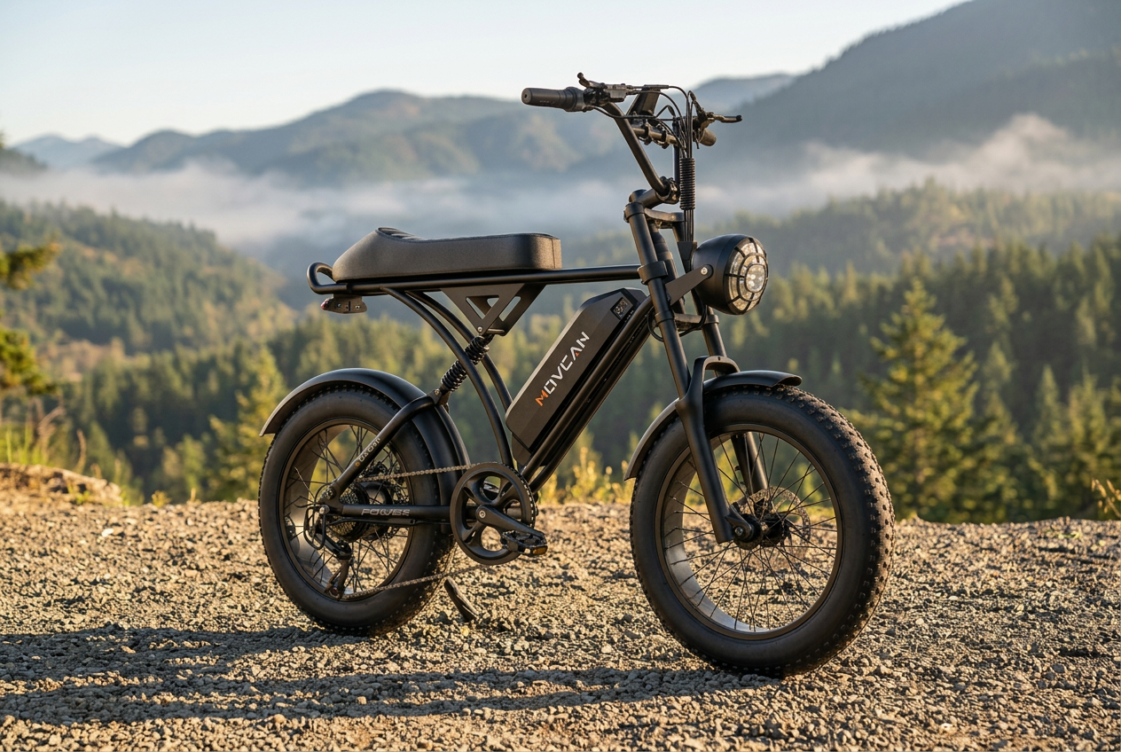 Movcan V60 Pro fat-tire electric bike overlooking a forest valley in morning light
