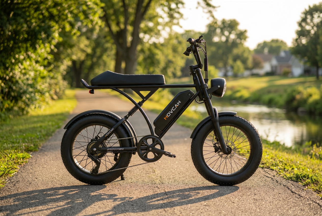 Movcan V60 everyday fat-tire electric bike on a riverside neighborhood greenway