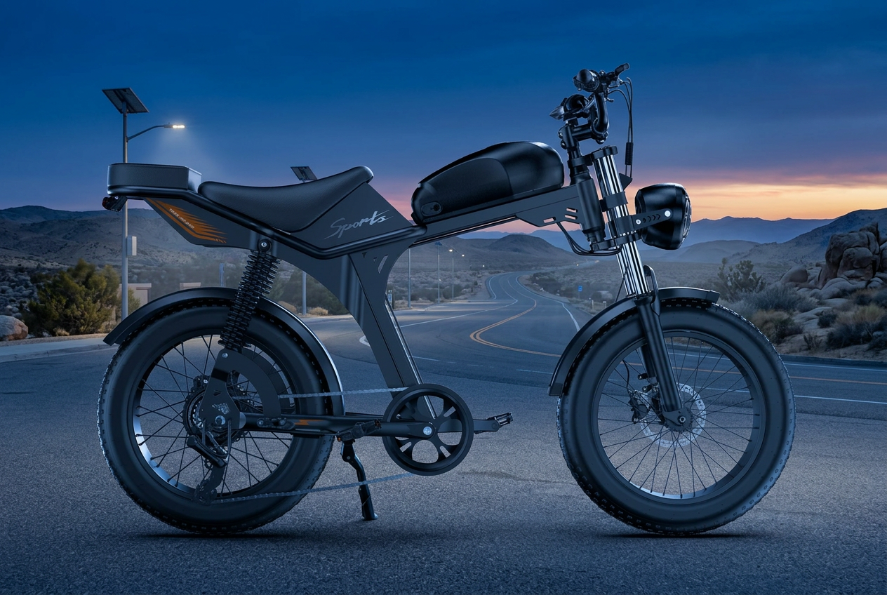 Movcan V70 long-range electric bike beside a high-desert highway at blue hour