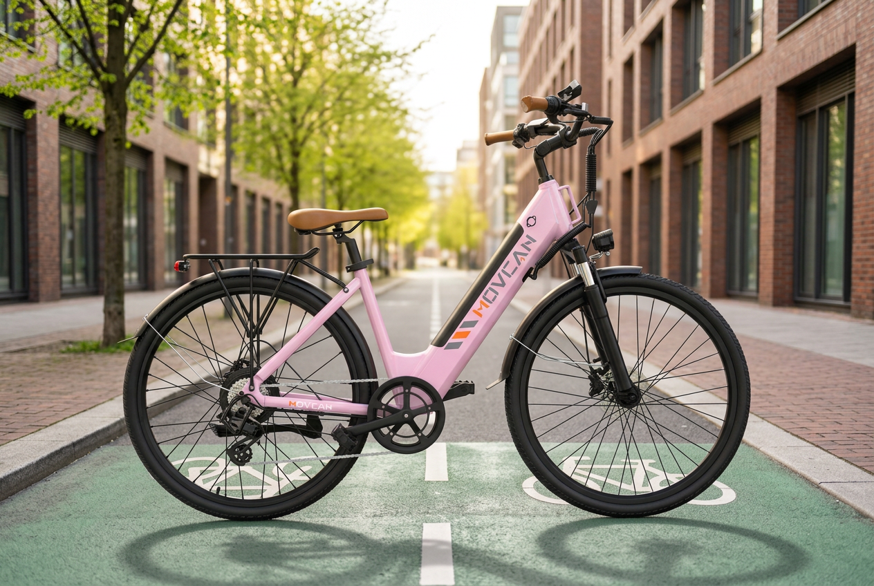 Pink Movcan V80 step-through commuter electric bike on a tree-lined urban cycleway